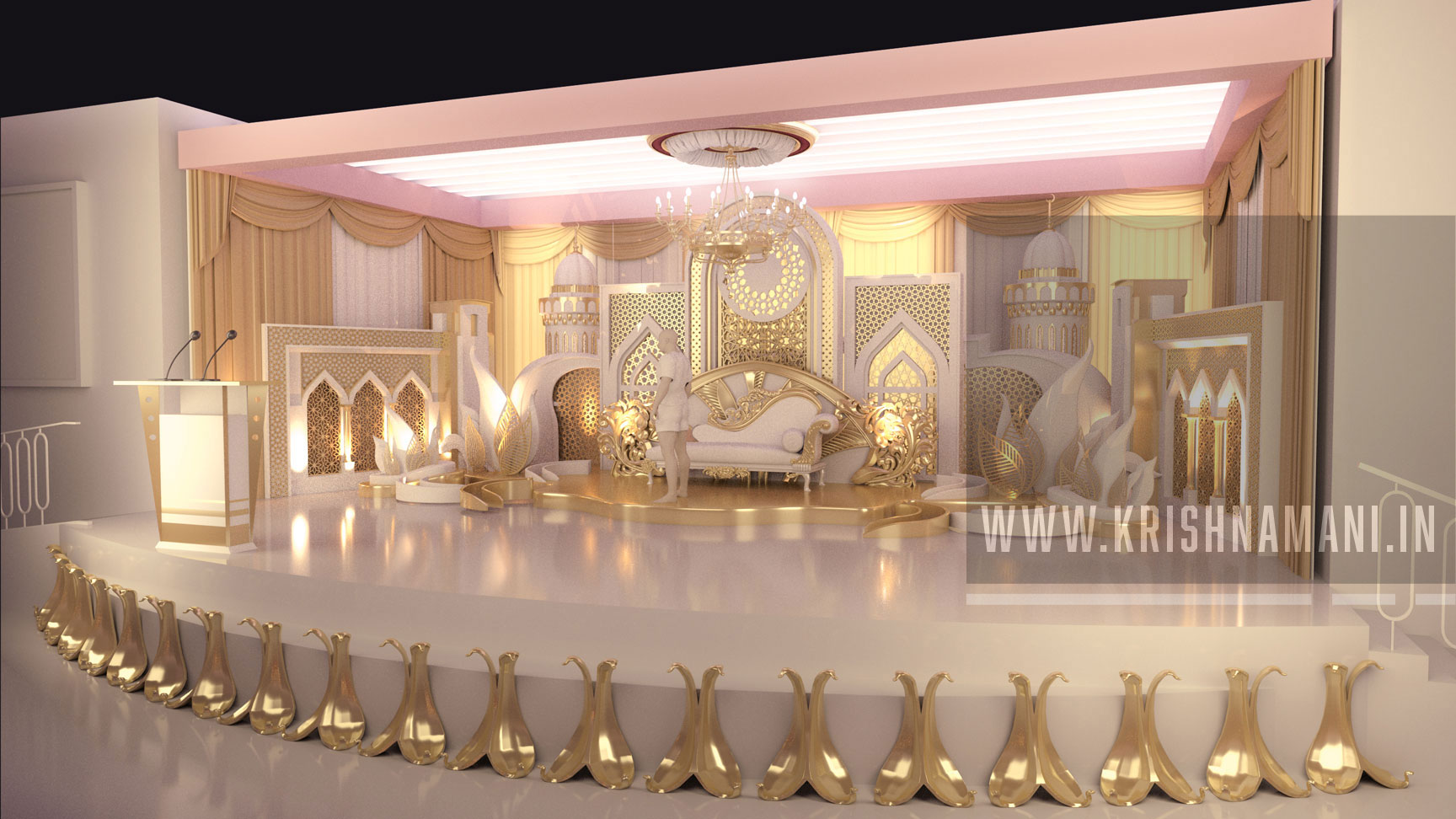 3d illustration stage backdrop wall arabic islamic ramadan decoration blank  space logo company for virtual booth event with sofa table interactive  presentation. Image isolated. Stock Illustration | Adobe Stock